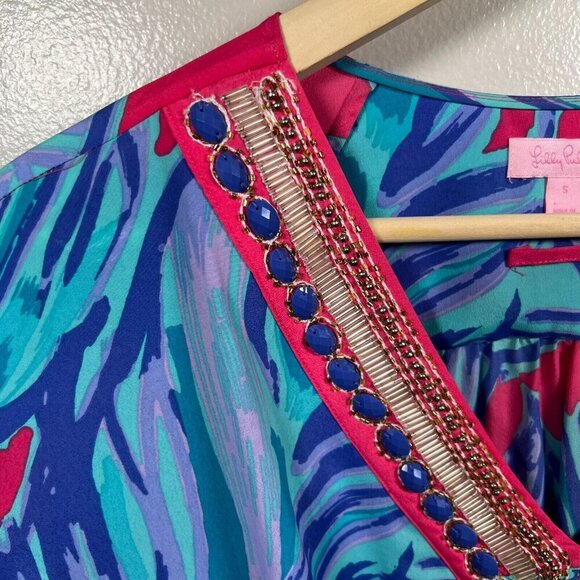 Lilly Pulitzer Wilda Caftan Dress Size Small Pink Sway Beaded Tropical Vacation - Picture 5 of 12